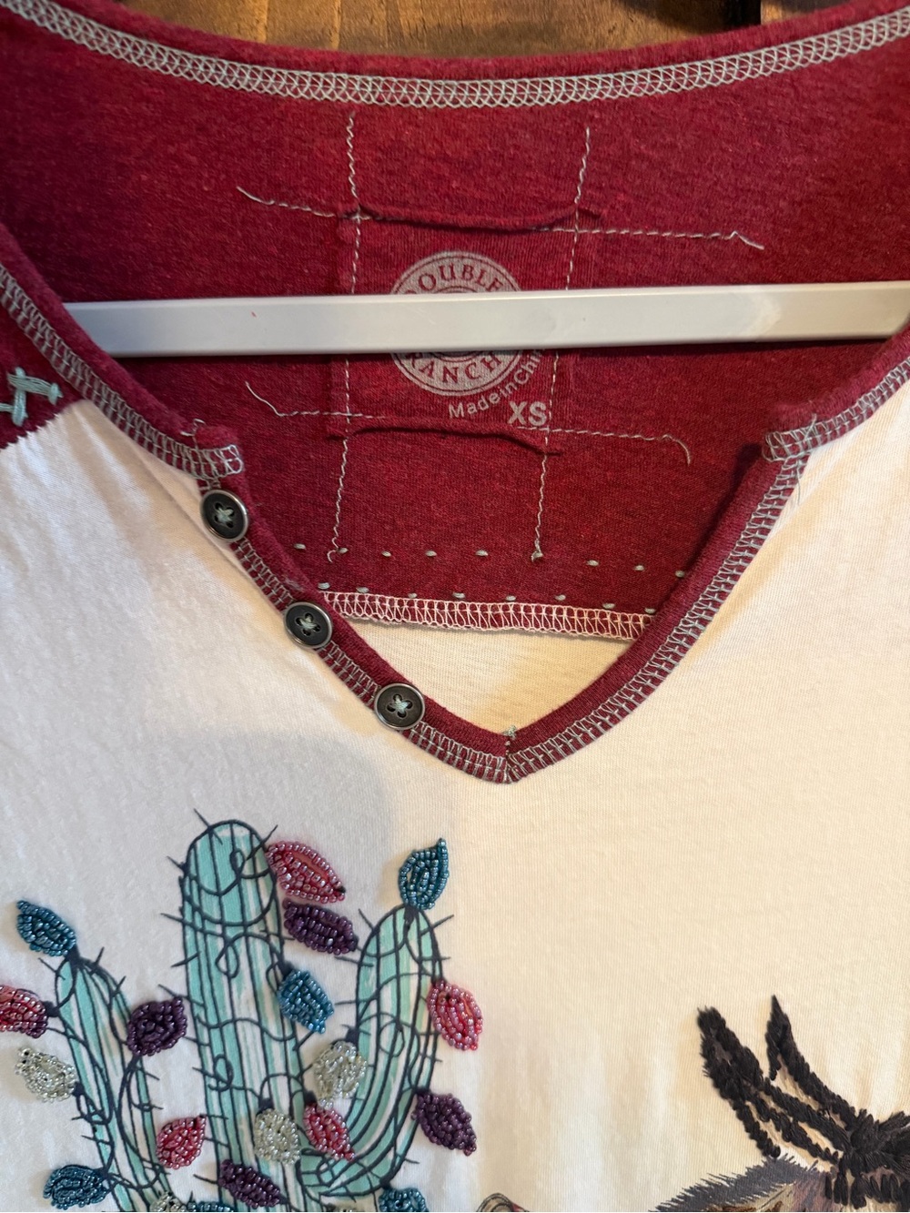 Double D Ranch Cream and Burgundy Donkey Graphic Long Sleeve Top - Picture 2 of 3